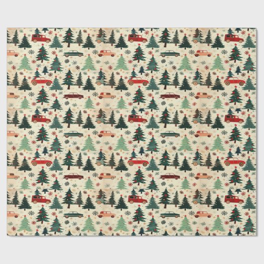 Kerstinpakpapier met bomen en auto's cadeaupapier (Vlak)