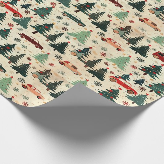 Kerstinpakpapier met bomen en auto's cadeaupapier (Hoek)