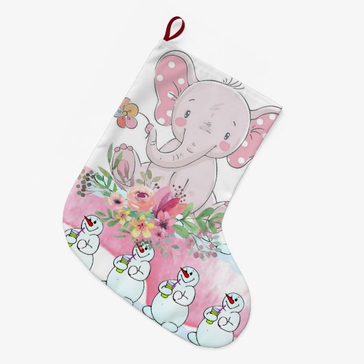kerstinslag, Floral Elephant Pink Snowman Grote Kerstsok (Voorkant (Hangend))