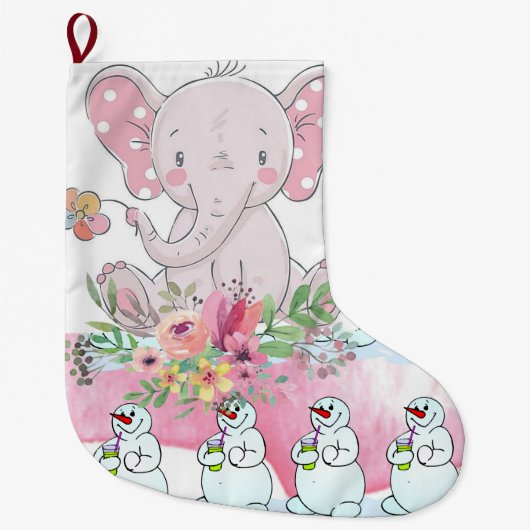 kerstinslag, Floral Elephant Pink Snowman Grote Kerstsok (Voorkant)