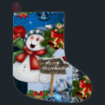 kerstinslag, vrolijk kerstfeest Snowman Grote Kerstsok<br><div class="desc">kerststeniging Deze aangepaste kerstvoorraad is aantrekkelijk voor de kleinere cadeautjes van de kerstman. Iets voor iedereen,  Maria lurdis afonso,  https://www.zazzle.com/succeedinbeautybarb</div>