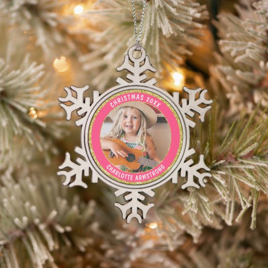 Kerstjaar Uw foto Gouden Glitter Tin Sneeuwvlok Ornament (Boom)