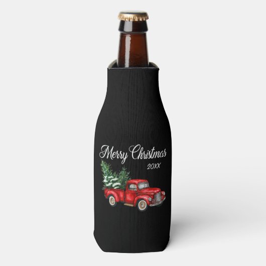 Kerstjaar Waterverf Red Truck Black Flesjeskoeler (Fles Voorkant)