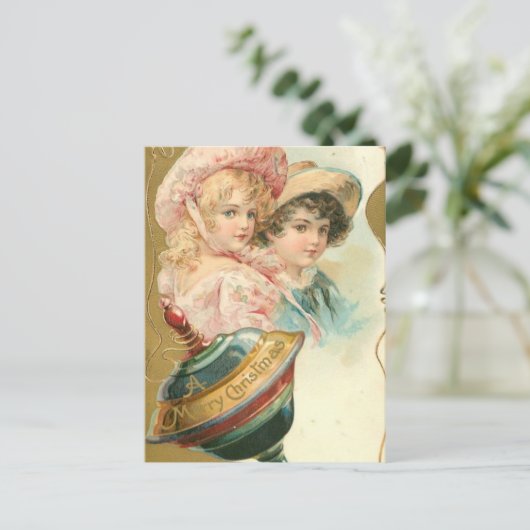  kerstjongen en meisje feestdagenkaart (Staand voorkant)