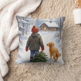 Kerstjongen in sneeuwvlokken met dennenboom en hon kussen