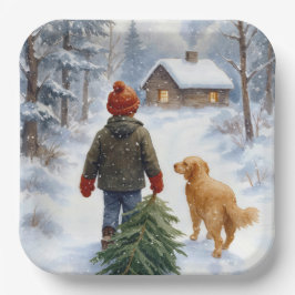 Kerstjongen in sneeuwvlokken met dennenboom en hon papieren bordje