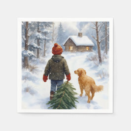 Kerstjongen in sneeuwvlokken met dennenboom en hon servet