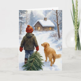 Kerstjongen met dennenboom en hond kaart