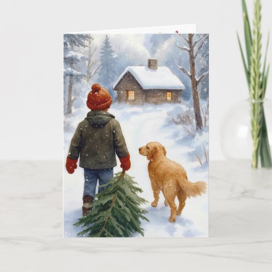 Kerstjongen met dennenboom en hond kaart (Voorkant)