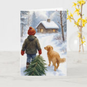 Kerstjongen met dennenboom en hond kaart (Gele Bloem)