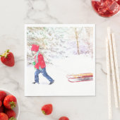 Kerstjongen slee wintersneeuw waterverf servet (Insitu)