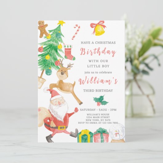 Kerstjongen Verjaardag Uitnodiging (Staand voorkant)