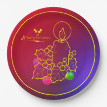 Kerstkaarde Holly Line Drawing Red & Blue 9"