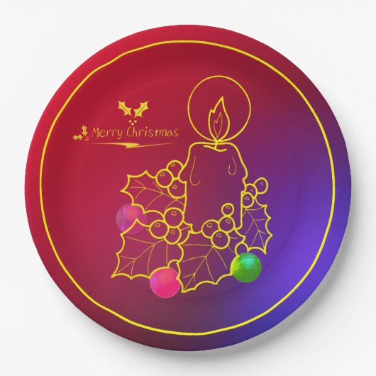 Kerstkaarde Holly Line Drawing Red & Blue 9" Papieren Bordje (Voorkant)