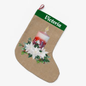 Kerstkaars arrangement op bruin linnen grote kerstsok (Voorkant (Hangend))