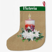 Kerstkaars arrangement op bruin linnen grote kerstsok (Achterkant)