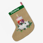 Kerstkaars arrangement op bruin linnen grote kerstsok (Achterkant (Hangend))