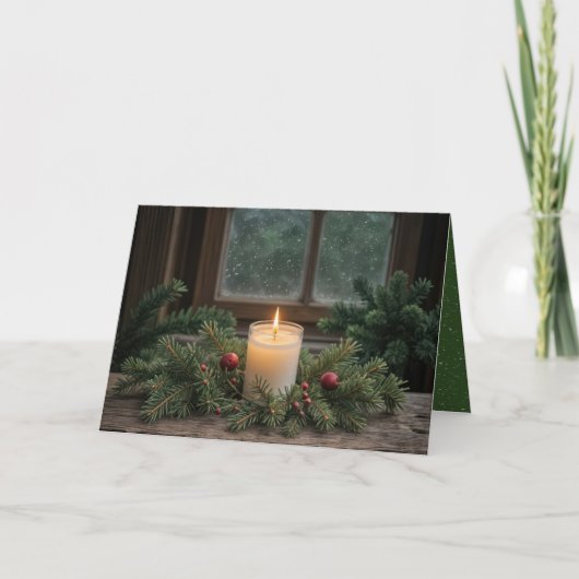 Kerstkaars bij het venster van de boerderij feestdagen kaart (Voorkant)