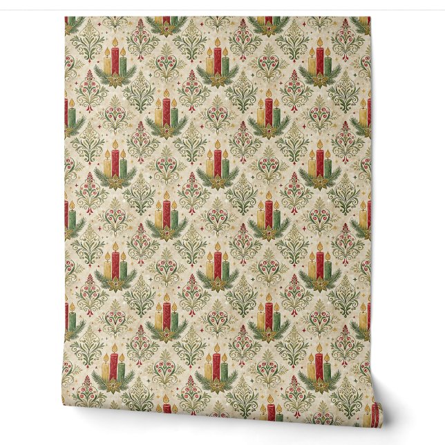 Kerstkaars Damast Patroon Oude Stijl  Behang (Afrollen)