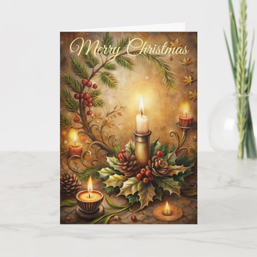 Kerstkaars en bloemen feestdagen kaart (Voorkant)