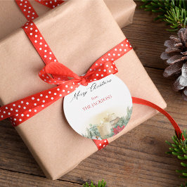 Kerstkaars en groen in vintage aquarel bedankjes labels