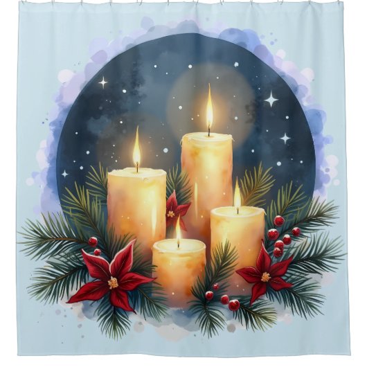 Kerstkaars gloed met poinsettia's douchegordijn (Voorkant)