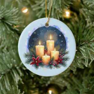 Kerstkaars gloed met poinsettia's keramisch ornament