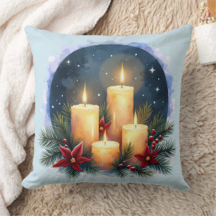 Kerstkaars gloed met poinsettia's kussen