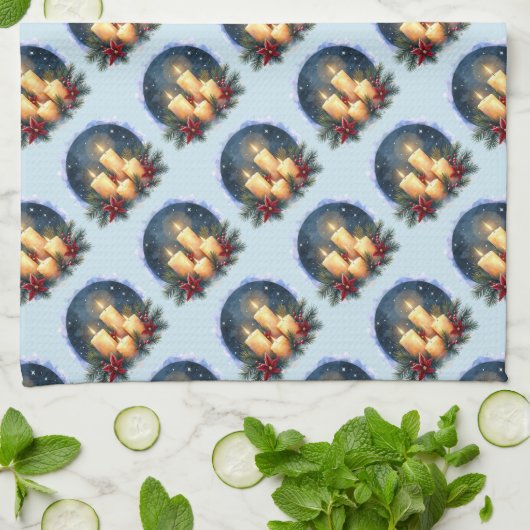 Kerstkaars gloed met poinsettia's theedoek (Gevouwen)