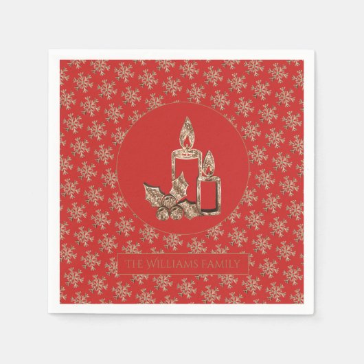 Kerstkaars Holly Snowflakes Red en Gold Servet (Voorkant)