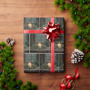 Kerstkaars in het venster van de boerderij cadeaupapier