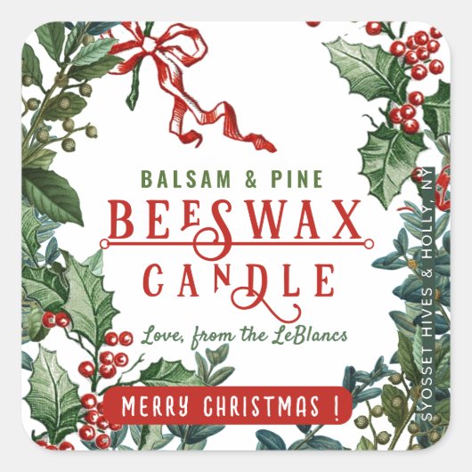 Kerstkaars met Holly & Berry Border Vierkante Sticker (Voorkant)