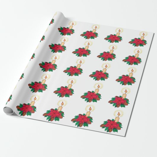 Kerstkaars met poinsettiaplanten uit het verleden cadeaupapier (Uitgerold)