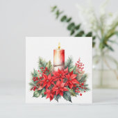 Kerstkaars, Rode Poinsettia Bloemen, Bessen Feestdagenkaart (Staand voorkant)