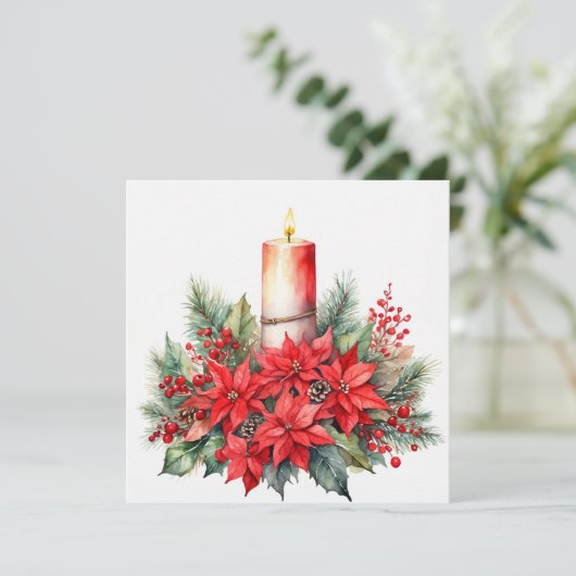 Kerstkaars, Rode Poinsettia Bloemen, Bessen Feestdagenkaart (Staand voorkant)