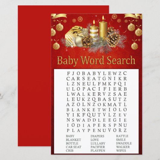 Kerstkaarsen Baby shower Word Search Game (Voorkant / Achterkant)