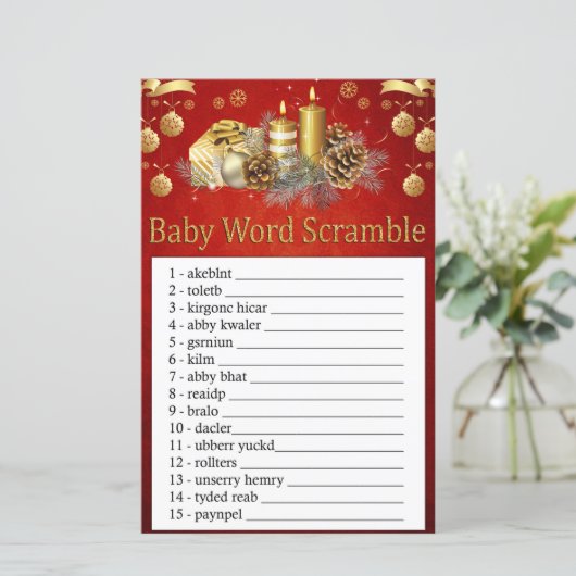 kerstkaarsen Baby word scramble game (Staand voorkant)