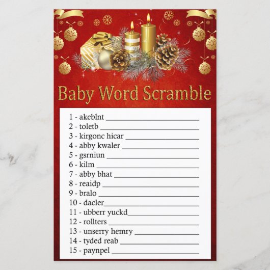 kerstkaarsen Baby word scramble game (Voorkant)