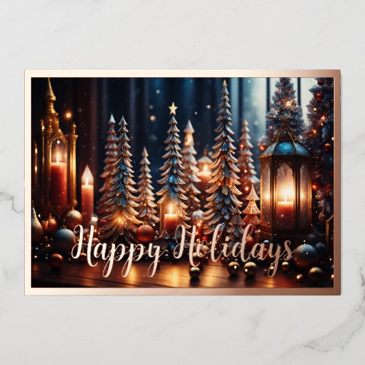 Kerstkaarsen Dorp Grijze Tafeldecoratie Folie Feestdagenkaart (Voorkant)