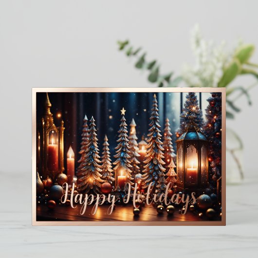 Kerstkaarsen Dorp Grijze Tafeldecoratie Folie Feestdagenkaart (Staand Voorkant)