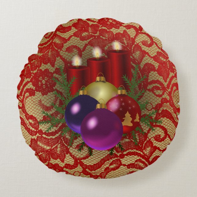 Kerstkaarsen en Ornamenten Floral Faux Lace Rond Kussen (Voorkant)