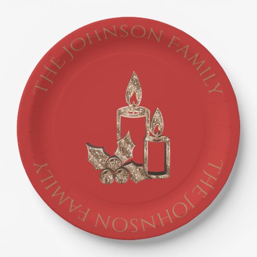 Kerstkaarsen Holly Red en Gold Elegant Papieren Bordje (Voorkant)