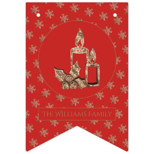 Kerstkaarsen Holly Snowflakes Red en Gold Vlaggetjes