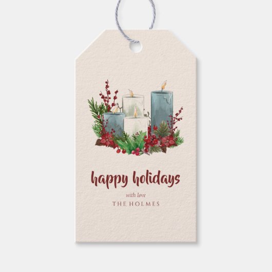 Kerstkaarsen met bloemen en bessen cadeaulabel (Voorkant)