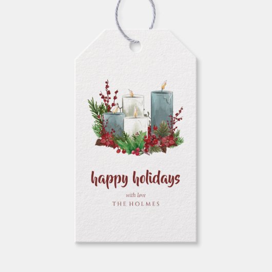 Kerstkaarsen met bloemen en bessen cadeaulabel (Voorkant)