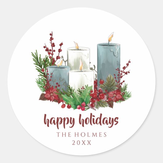 Kerstkaarsen met bloemen en bessen ronde sticker (Voorkant)