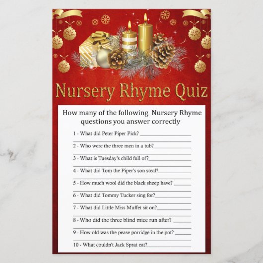 kerstkaarsen Nursery Rhyme Quiz baby shower (Voorkant)