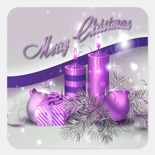 Kerstkaarsen Paarse Sparkle Vierkante Sticker (Voorkant)