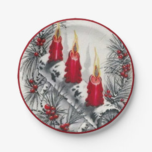 Kerstkaarsen Rood Vintage Dennennaalden Bessen Papieren Bordje