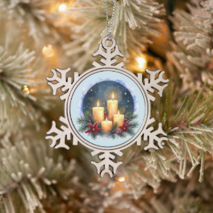 Kerstkaarsengloed met Poinsettia's Tin Sneeuwvlok Ornament